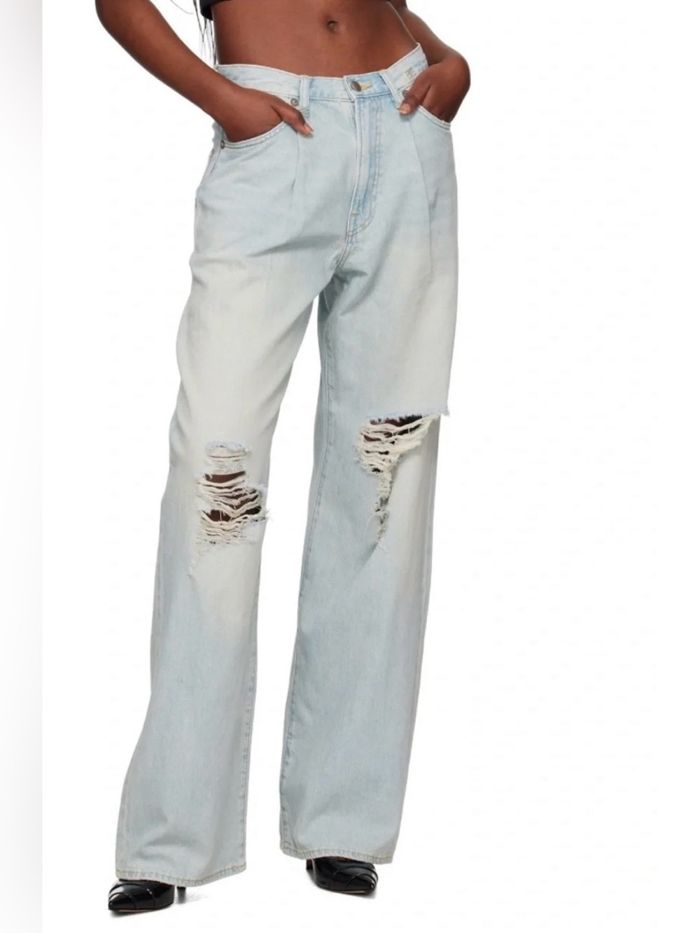 R13 Damon Pleated Distressed Wide-Leg Jeans